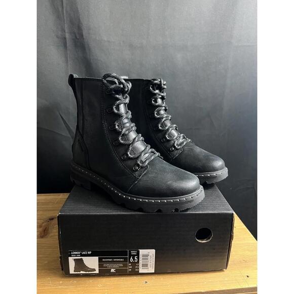 NWB WOMENS SOREL LENNOX LACE WATERPROOF (WP) Leather Boots BLACK